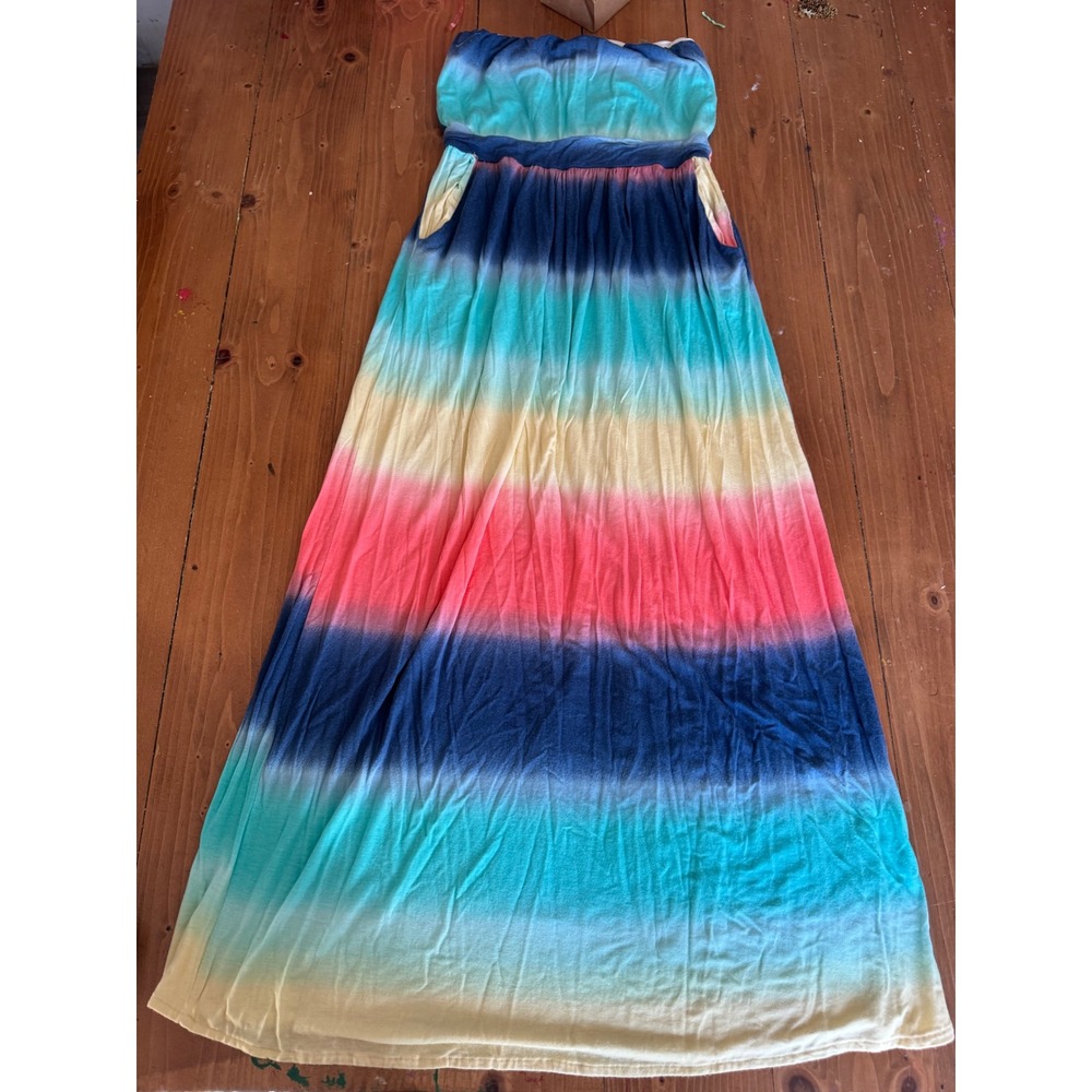 BELLAMIE Strapless Ombre Maxi Dress Teal Coral Yellow Navy Blue Pockets‎ S M L
